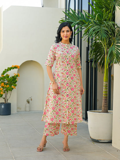 Off White Floral A-Line Cotton Kurta Pant Sets