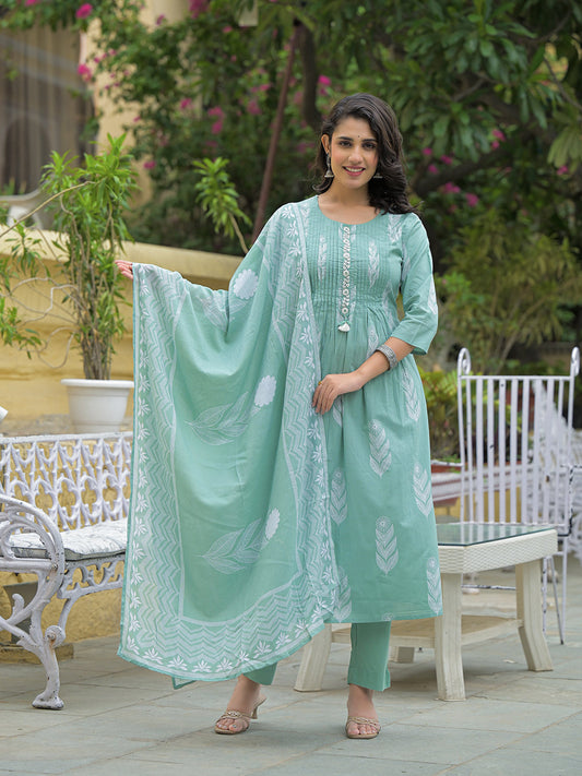 Teal Green Cotton Pintuck Design Kurta pant set with Dupatta