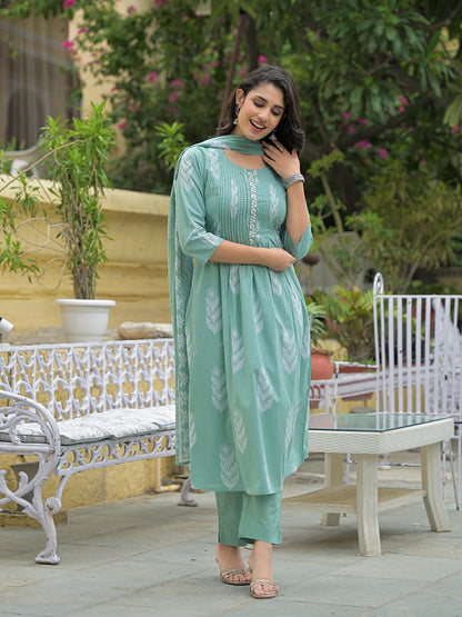 Teal Green Cotton Pintuck Design Kurta pant set with Dupatta