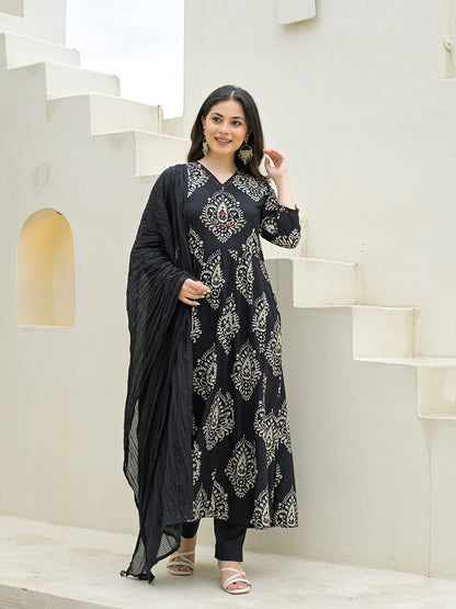 Black Cotton Anarkali kurta Pant Set with Dupatta