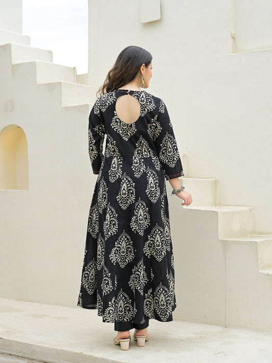 Black Cotton Anarkali kurta Pant Set with Dupatta