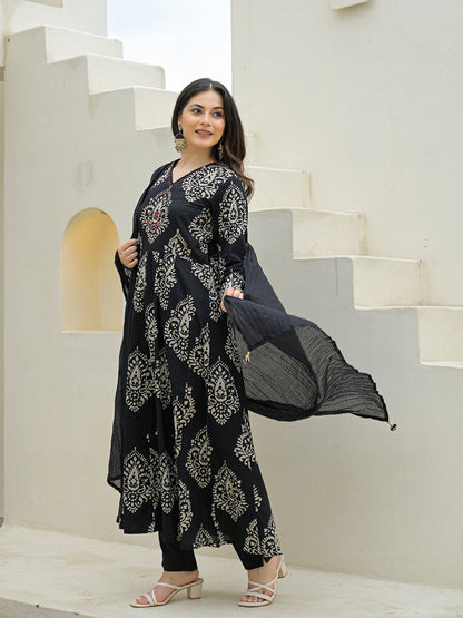 Black Cotton Anarkali kurta Pant Set with Dupatta