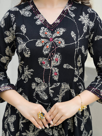 Black Cotton Anarkali kurta Pant Set with Dupatta