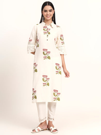 BeFashionate Off White Floral Cotton A-Line Kurta