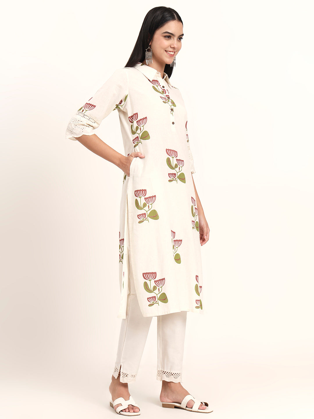 BeFashionate Off White Floral Cotton A-Line Kurta
