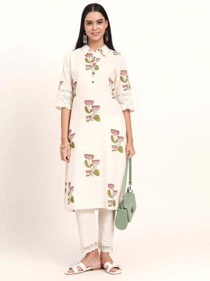 BeFashionate Off White Floral Cotton A-Line Kurta