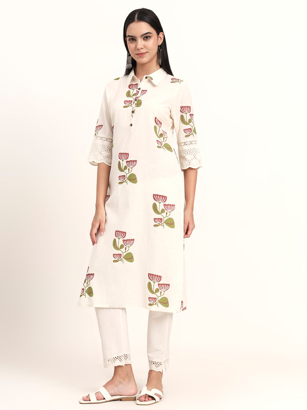 BeFashionate Off White Floral Cotton A-Line Kurta