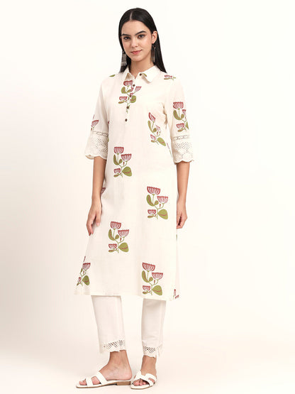 BeFashionate Off White Floral Cotton A-Line Kurta