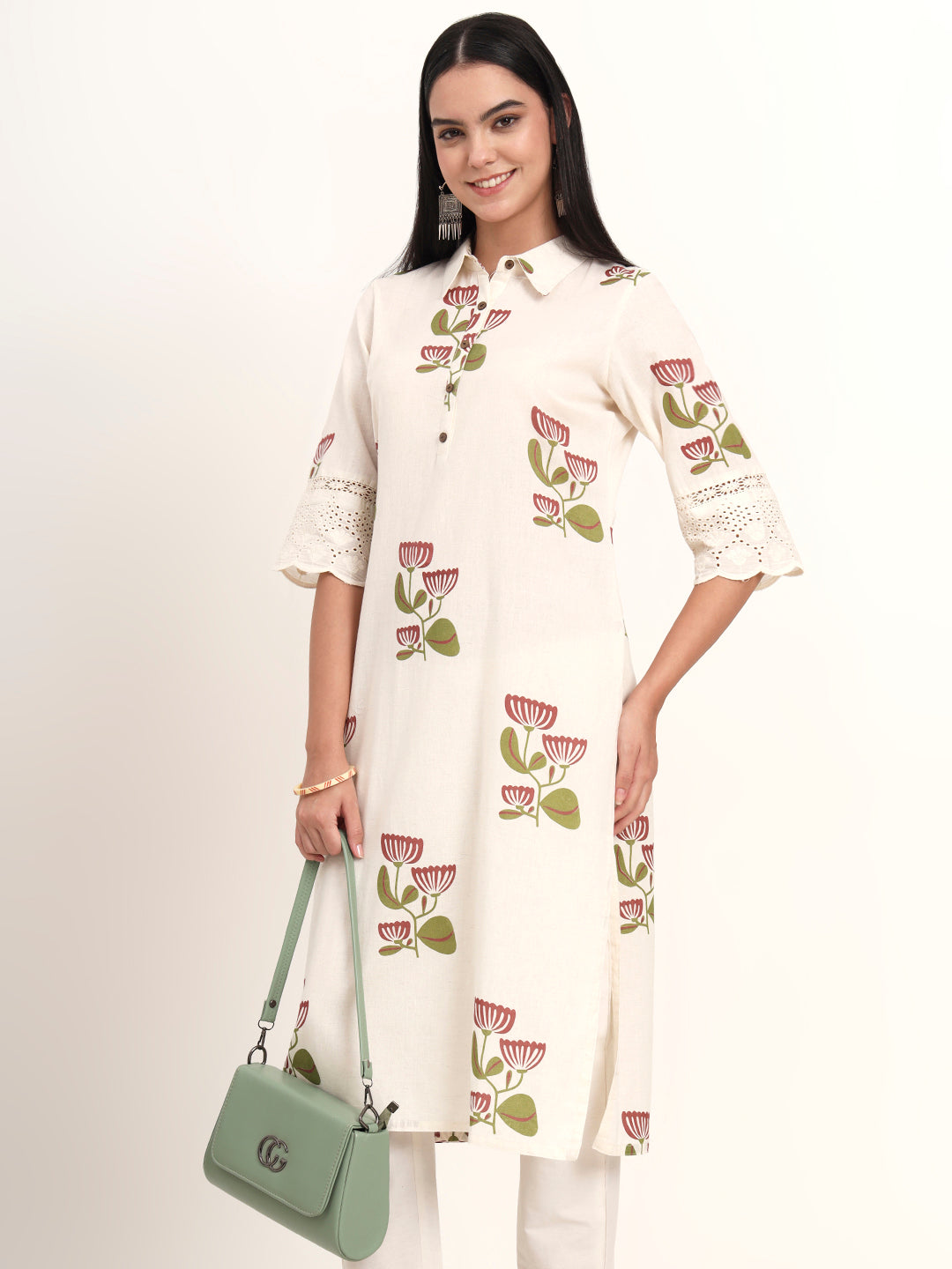 BeFashionate Off White Floral Cotton A-Line Kurta