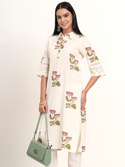 BeFashionate Off White Floral Cotton A-Line Kurta