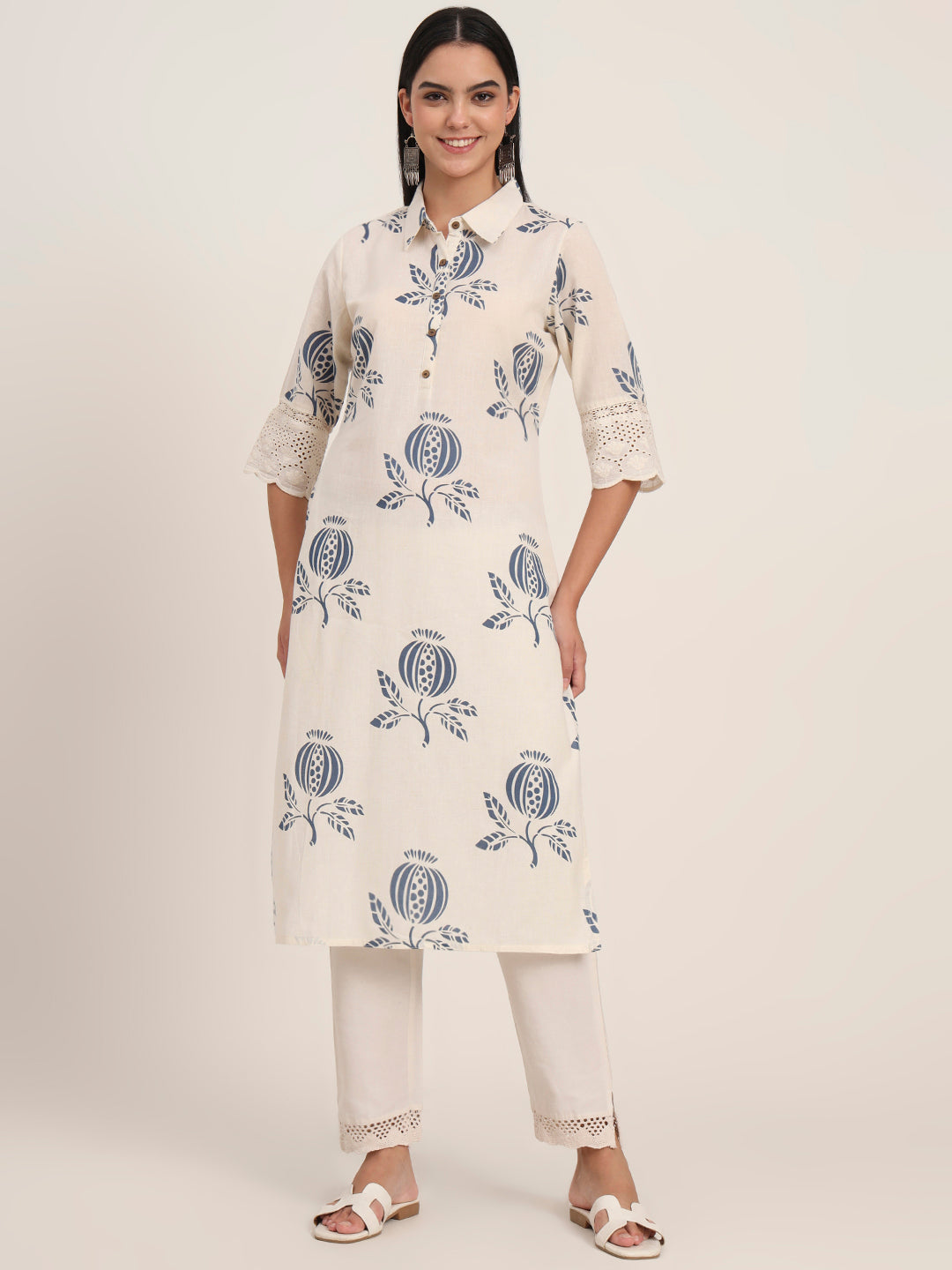 BeFashionate Off White Floral Cotton A-Line Kurta