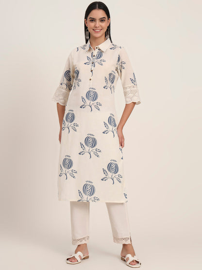 BeFashionate Off White Floral Cotton A-Line Kurta
