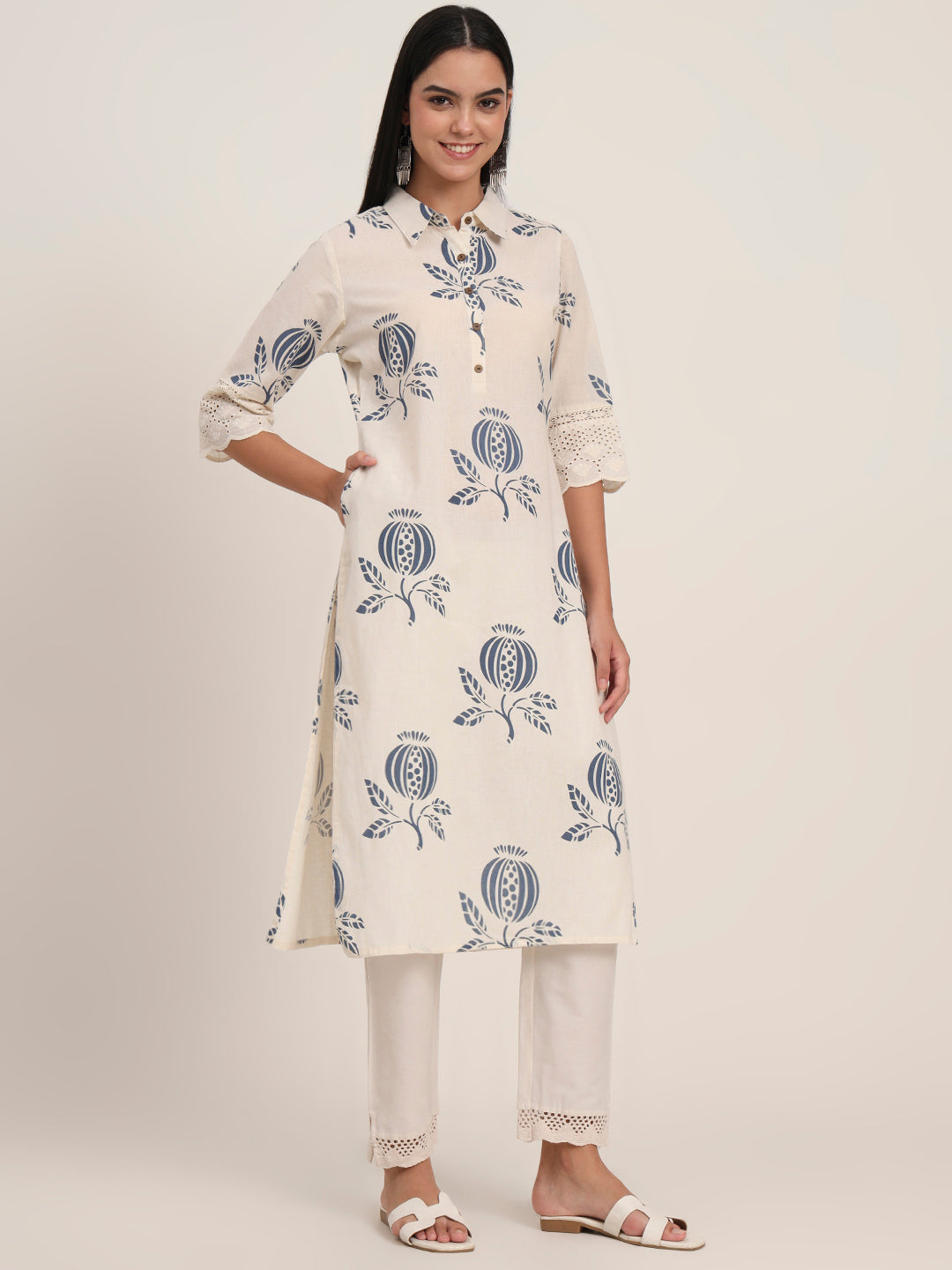 BeFashionate Off White Floral Cotton A-Line Kurta