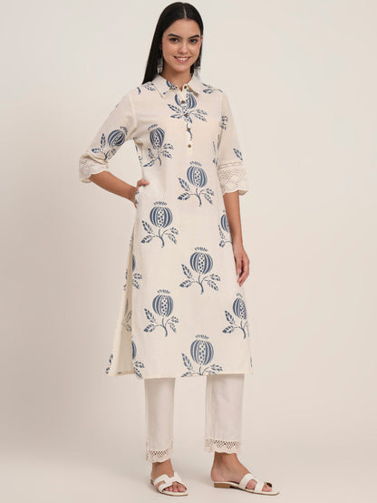 BeFashionate Off White Floral Cotton A-Line Kurta