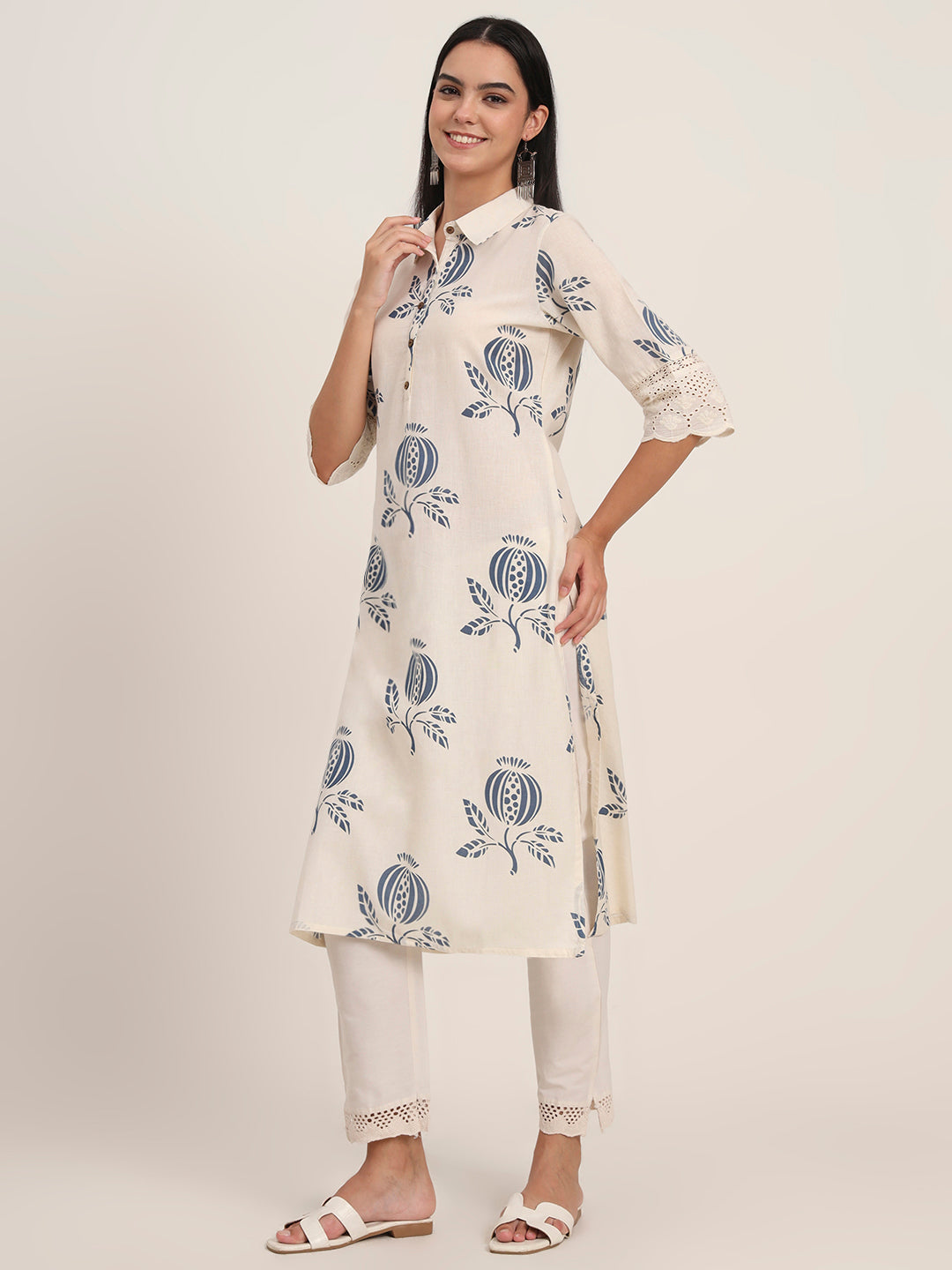 BeFashionate Off White Floral Cotton A-Line Kurta