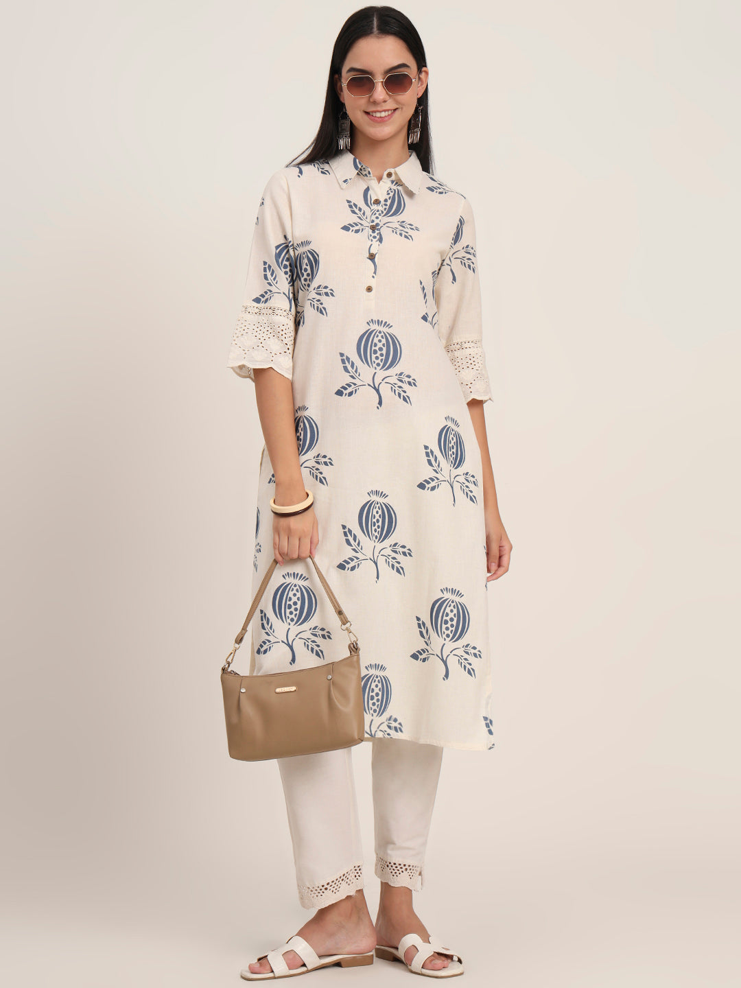 BeFashionate Off White Floral Cotton A-Line Kurta