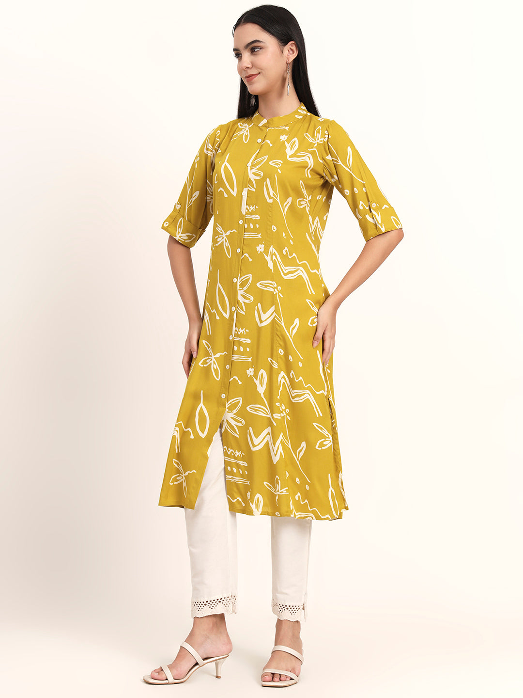 BeFashionate Mustard Abstract Rayon A-Line Kurta