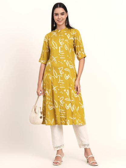 BeFashionate Mustard Abstract Rayon A-Line Kurta