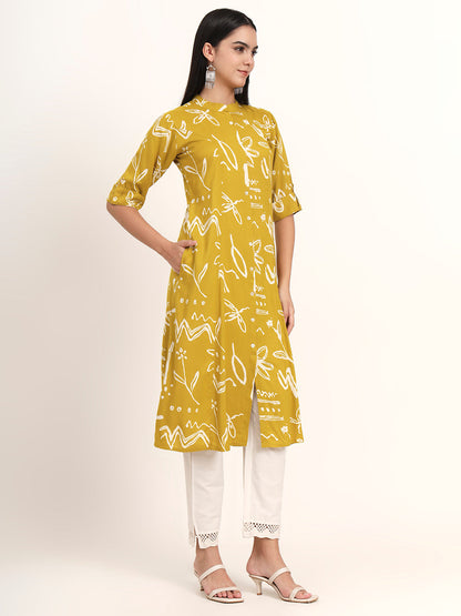 BeFashionate Mustard Abstract Rayon A-Line Kurta