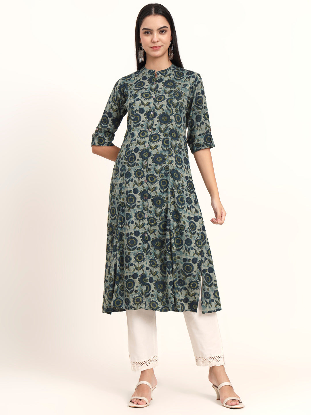BeFashionate Grey Floral Rayon A-Line Kurta
