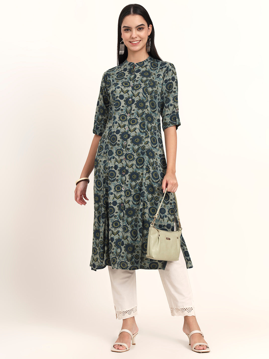 BeFashionate Grey Floral Rayon A-Line Kurta