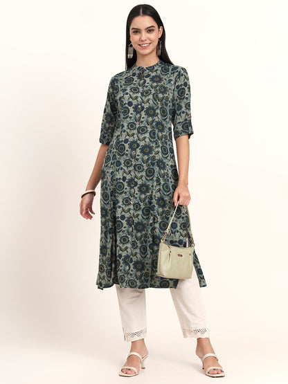 BeFashionate Grey Floral Rayon A-Line Kurta