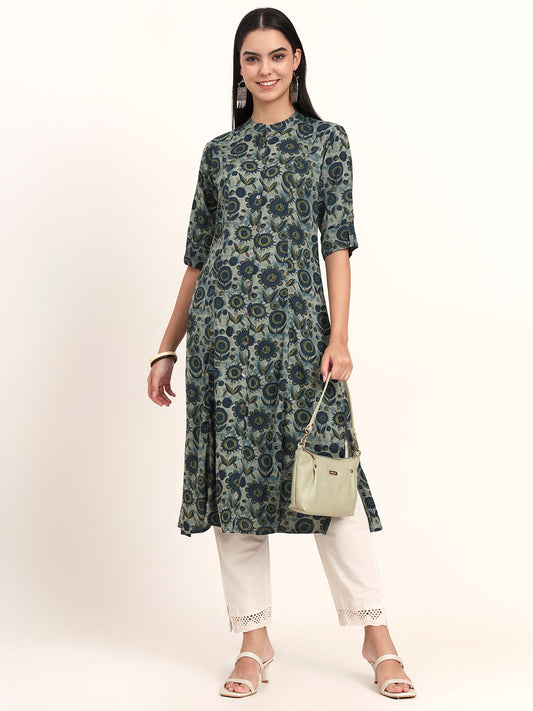 BeFashionate Grey Floral Rayon A-Line Kurta
