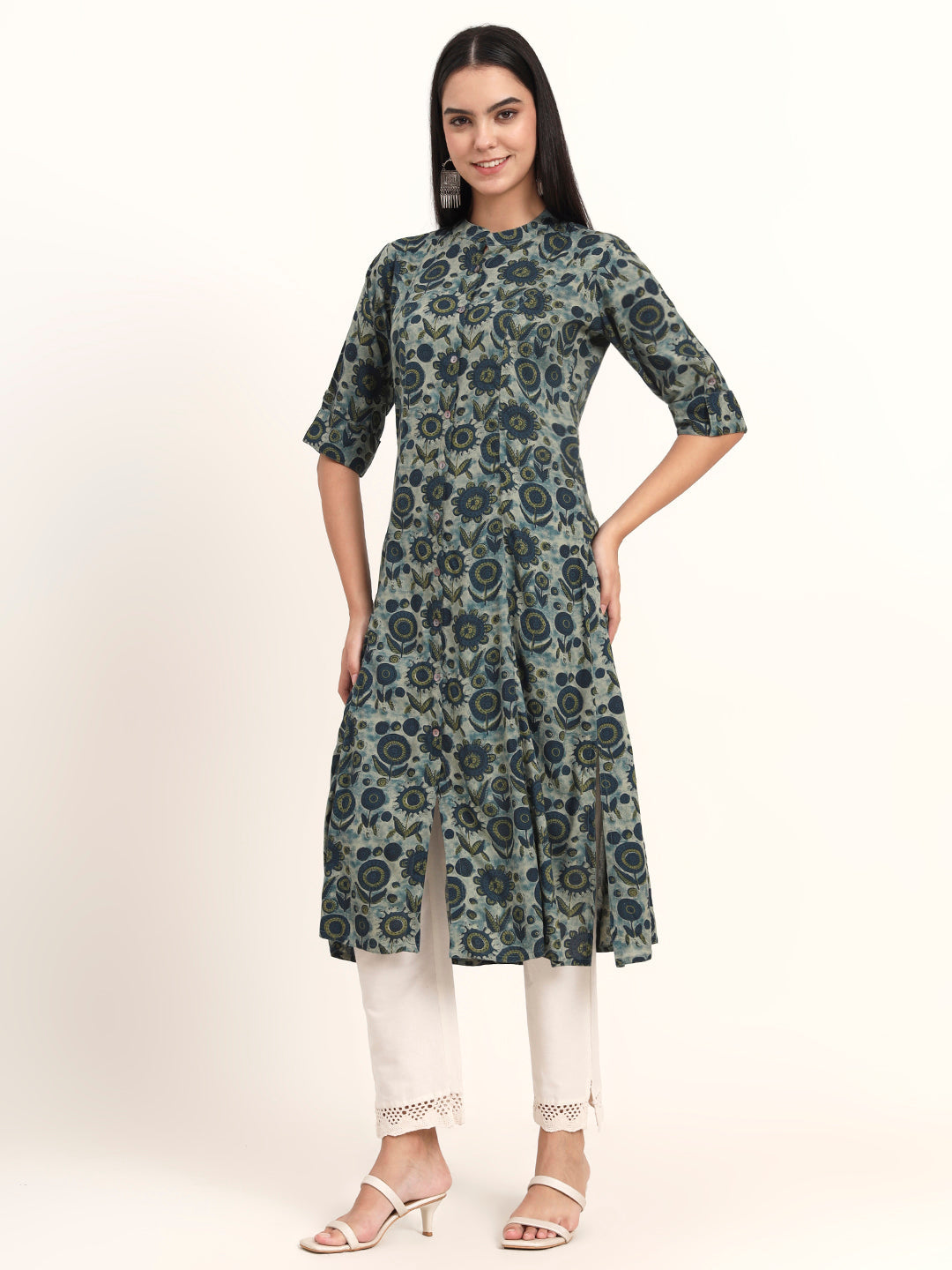 BeFashionate Grey Floral Rayon A-Line Kurta