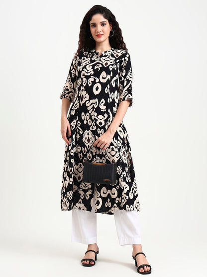 Black Asymetric Print Rayon Kurta
