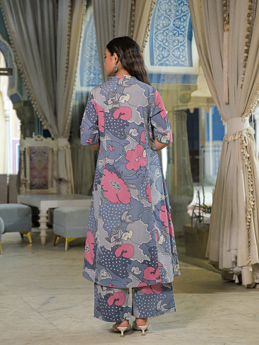 Grey Floral Print A-Line Cotton Kurta Pant Sets