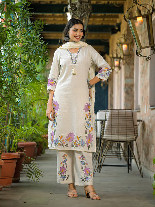 Off White Embroidered Cotton Kurta Sets With Dupatta
