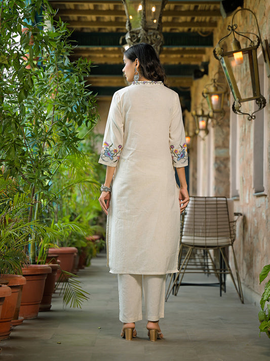 Off White Embroidered Cotton Kurta Sets With Dupatta