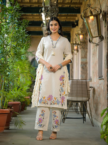 Off White Embroidered Cotton Kurta Sets With Dupatta