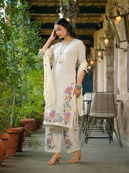 Off White Embroidered Cotton Kurta Sets With Dupatta