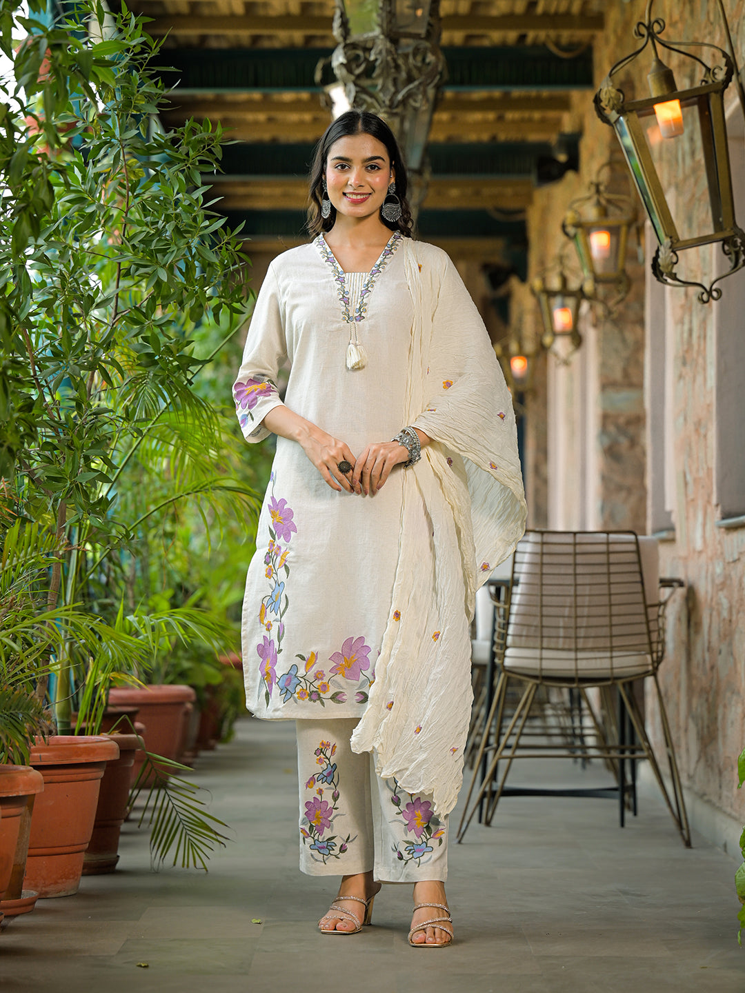 Off White Embroidered Cotton Kurta Sets With Dupatta