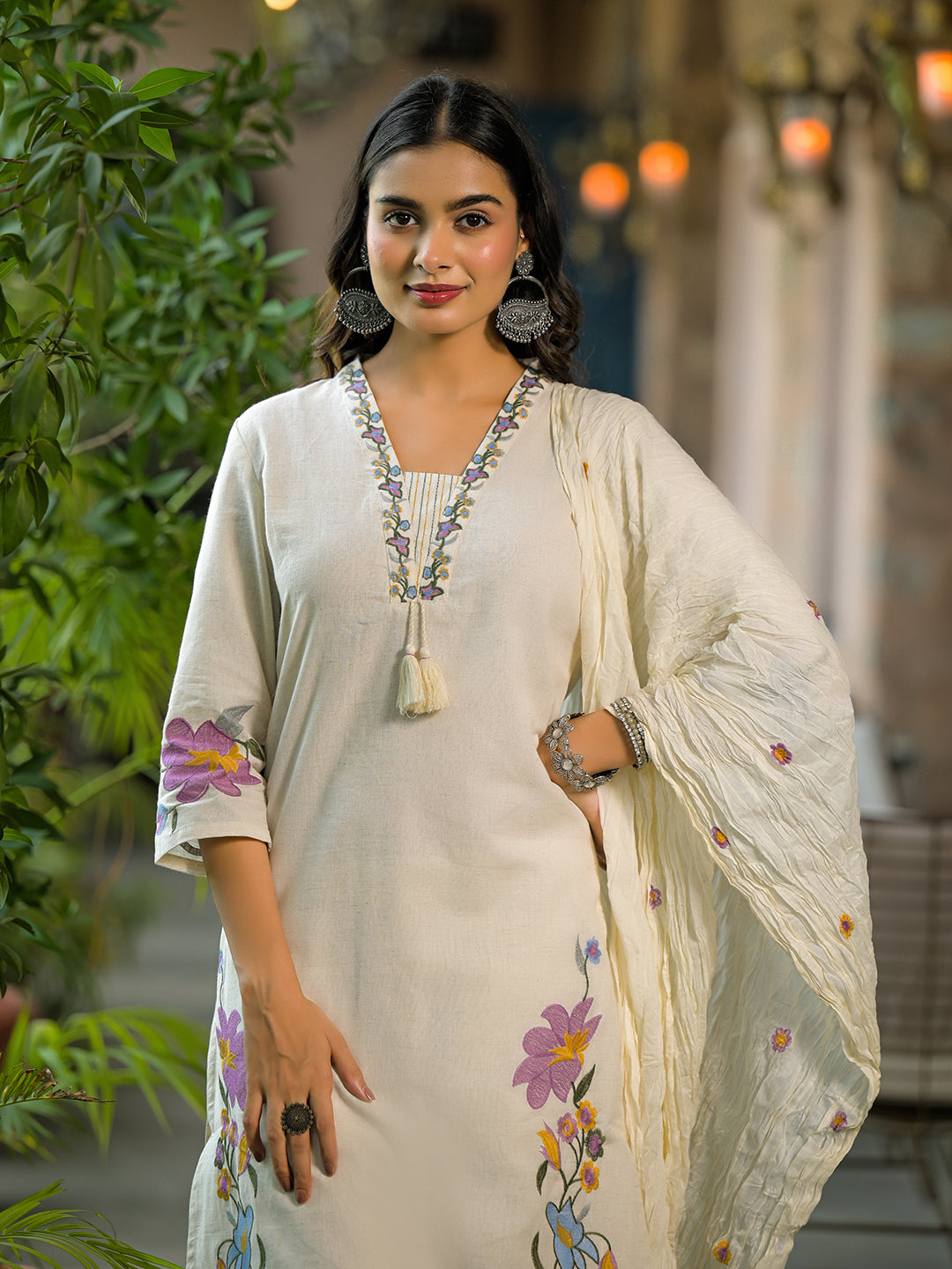 Off White Embroidered Cotton Kurta Sets With Dupatta