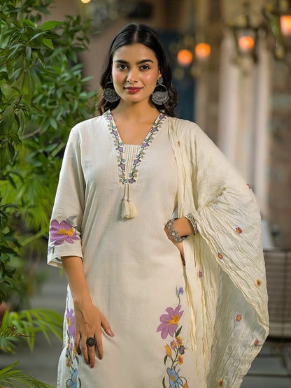 Off White Embroidered Cotton Kurta Sets With Dupatta