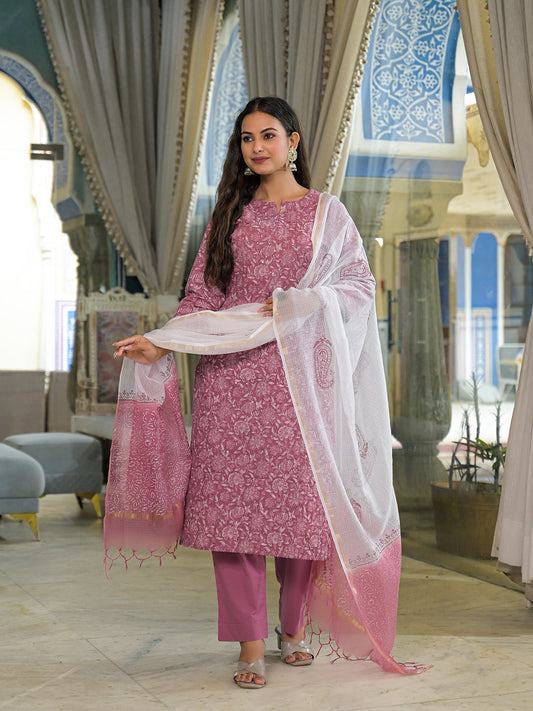 Pink Embroidered Cotton Straight Kurta Pant Set With Dupatta
