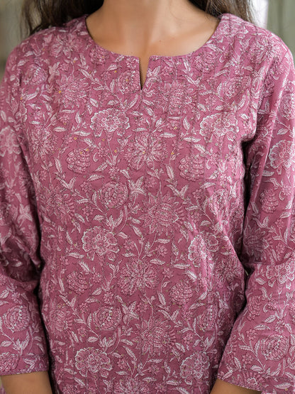 Pink Embroidered Cotton Straight Kurta Pant Set With Dupatta
