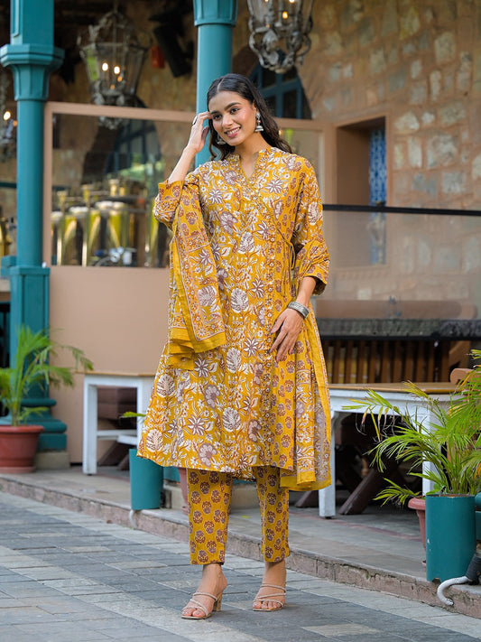 Mustard Floral Print Cotton Kurta Sets With Dupatta