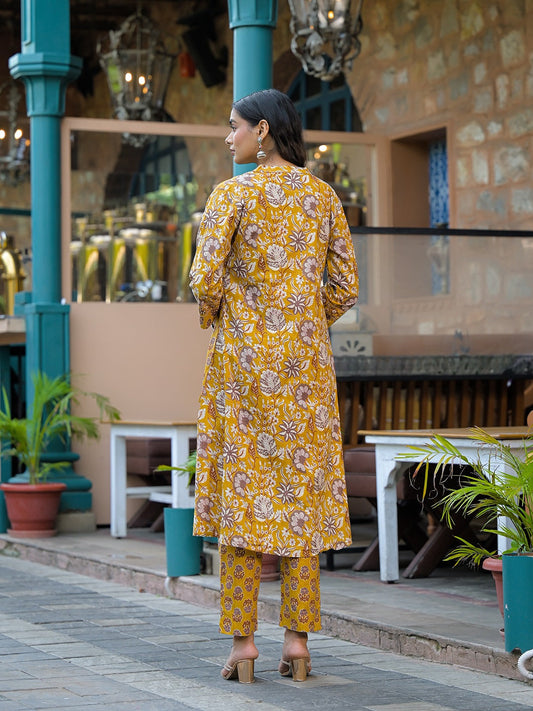 Mustard Floral Print Cotton Kurta Sets With Dupatta