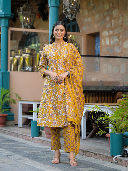 Mustard Floral Print Cotton Kurta Sets With Dupatta