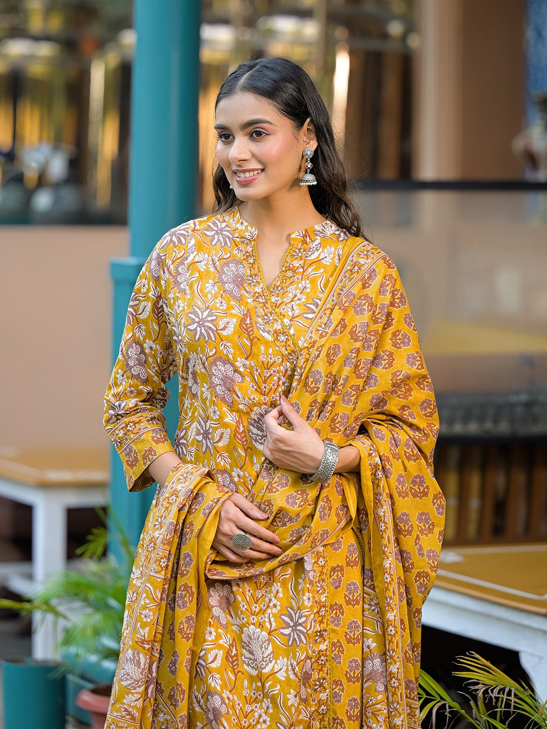 Mustard Floral Print Cotton Kurta Sets With Dupatta