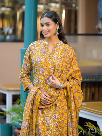 Mustard Floral Print Cotton Kurta Sets With Dupatta