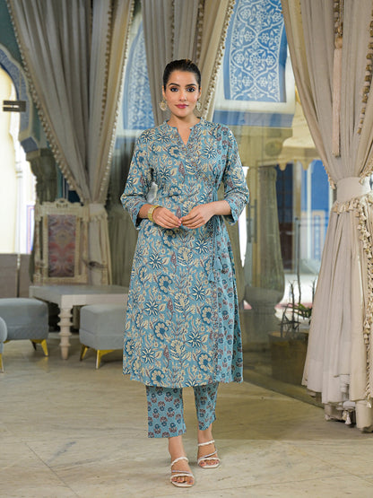 Blue Floral Print Cotton A-Line Kurta Pant With Dupatta
