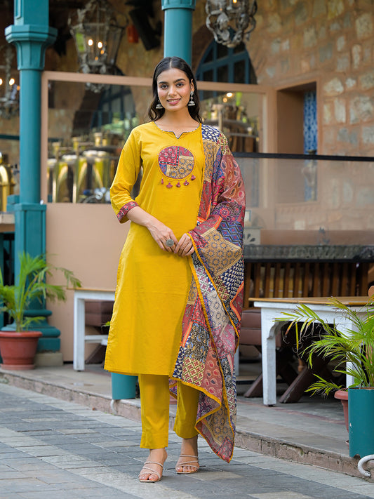 Mustard Embroidered Cotton Kurta Sets With Dupatta