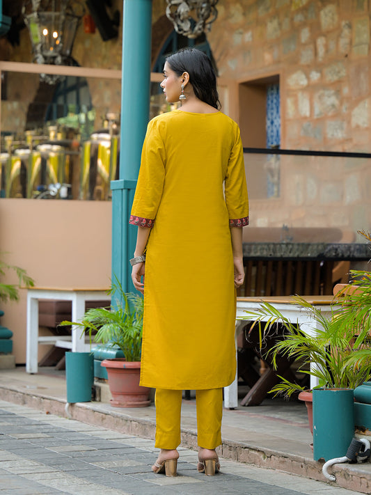 Mustard Embroidered Cotton Kurta Sets With Dupatta