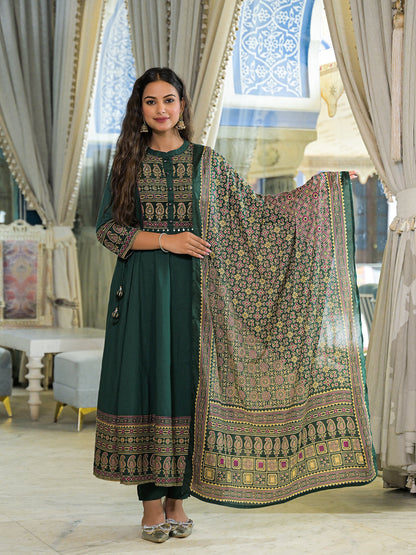 Green Paisley Print Cotton Anarkali Kurta Pant Set With Dupatta