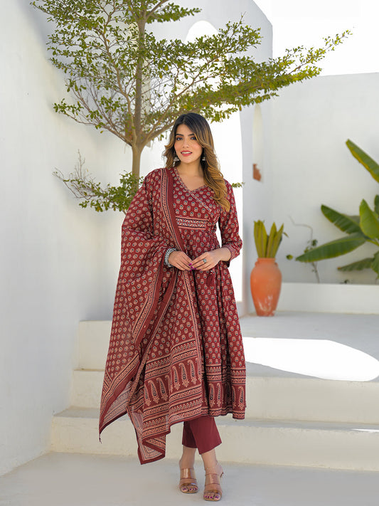 Maroon V-Neck Anarkali Floral Cotton Kurta Pant Set With Dupatta