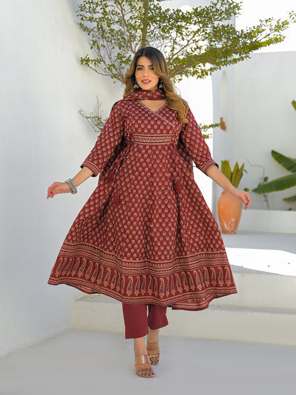 Maroon V-Neck Anarkali Floral Cotton Kurta Pant Set With Dupatta